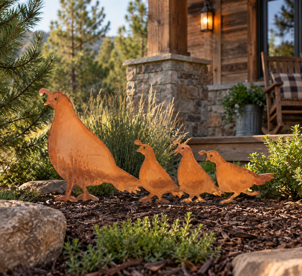 Quail Family Metal Outdoor Art
