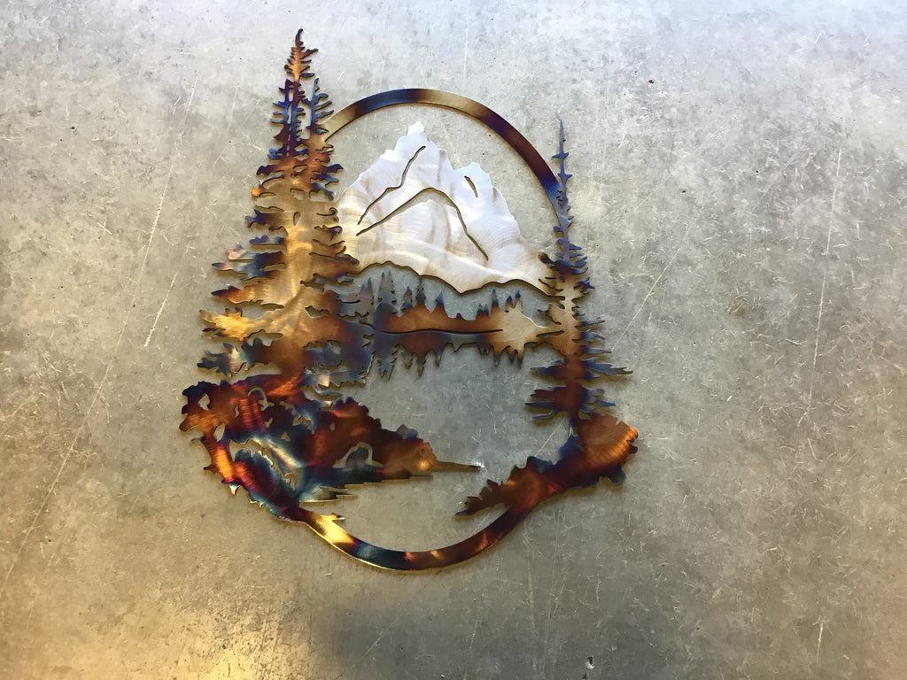 Oval Mountain Tree Metal Wall Art